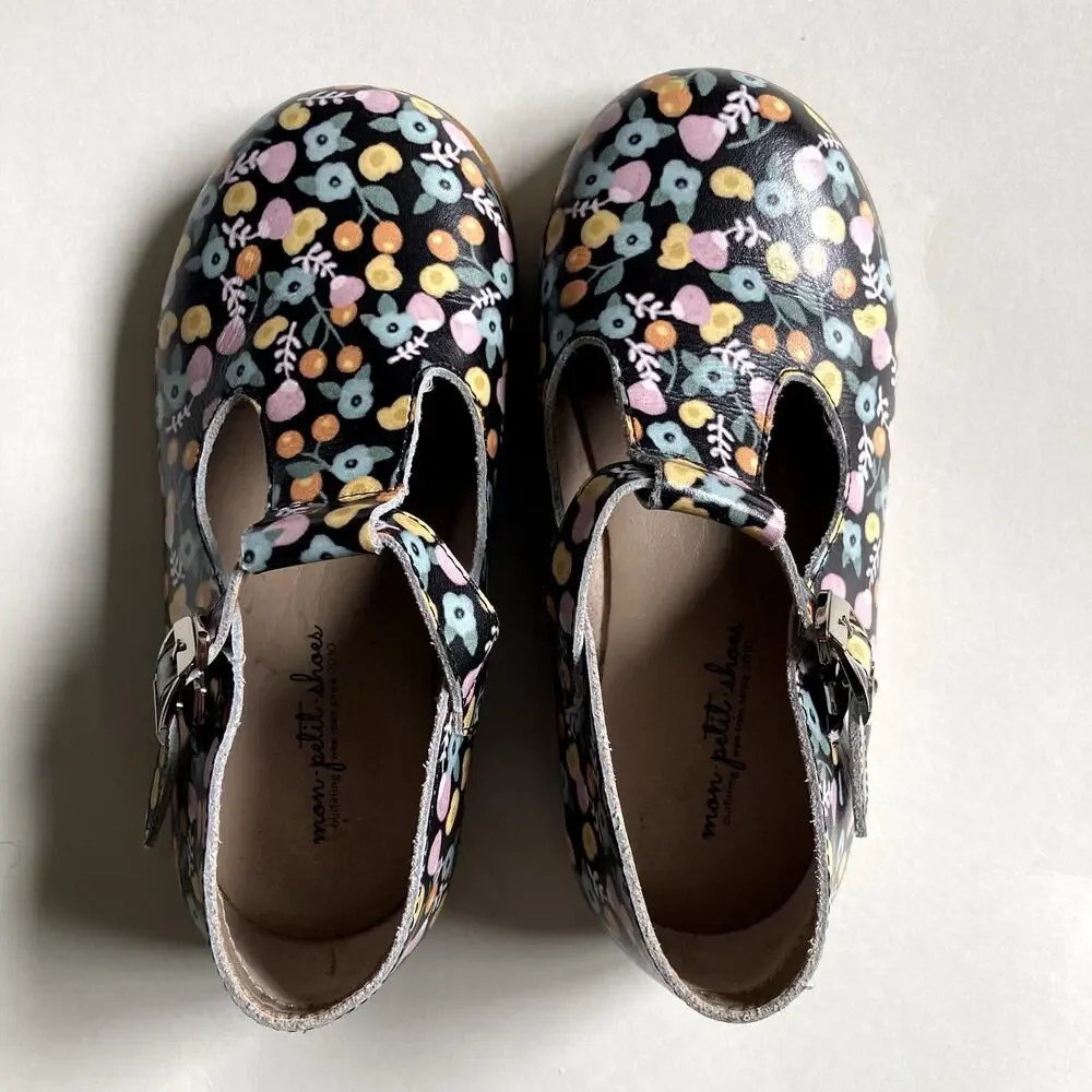 Mon Petit Shoes Hard Sole T-Strap Shoes - Marigold Floral - 12